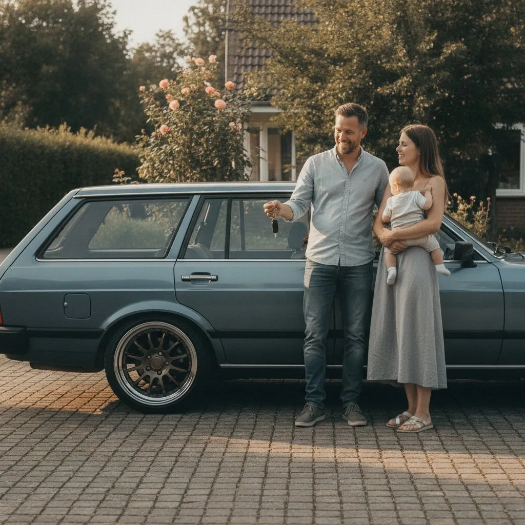 Family with car featuring aftermarket rims