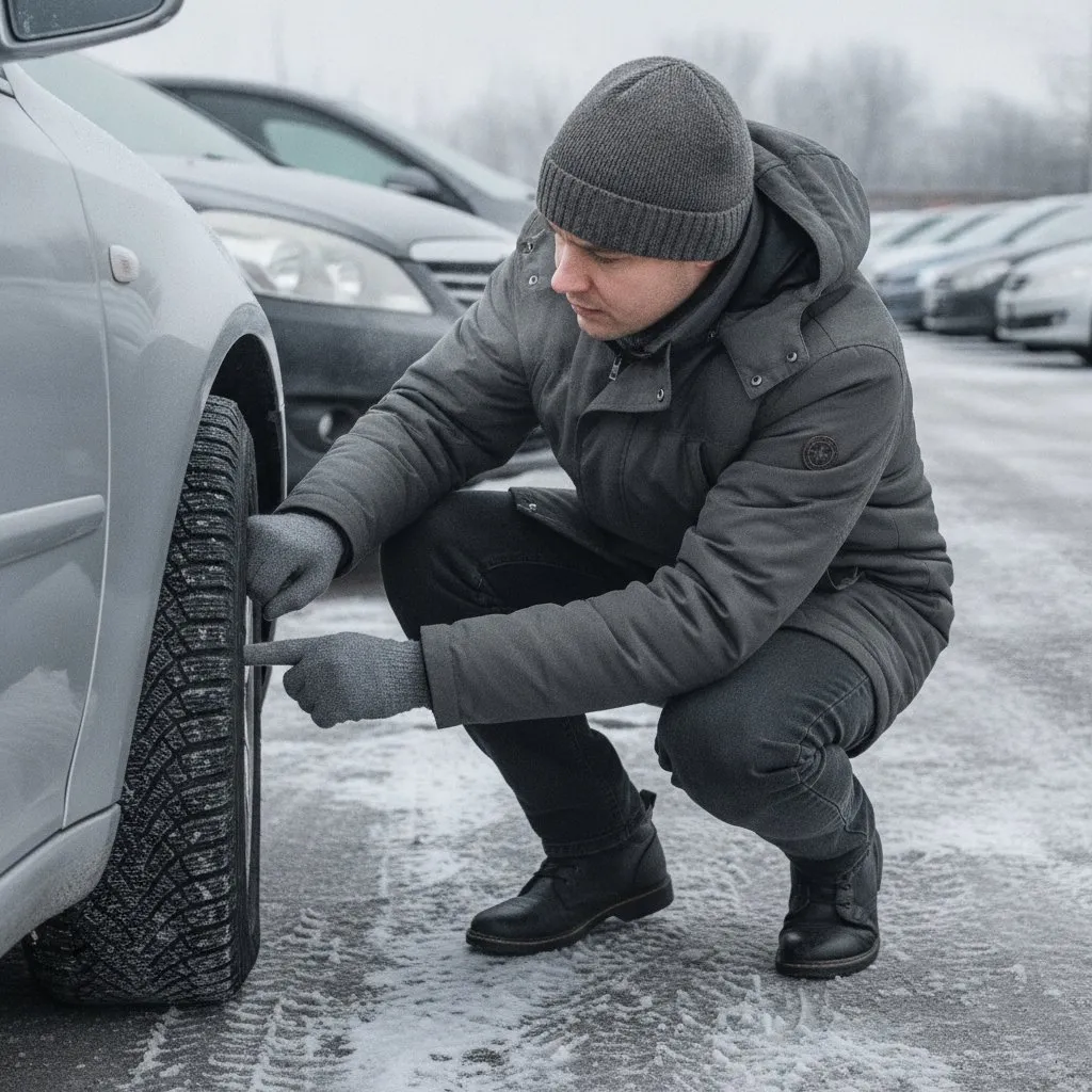 Buyer inspecting tires