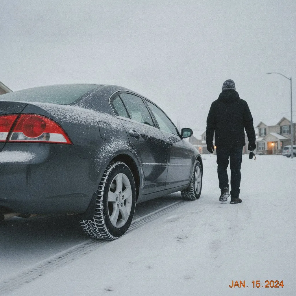 Car with winter tires parked in snow