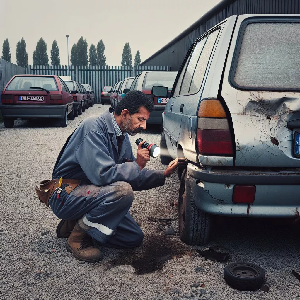 Medewerker die auto inspecteert voor waardebepaling