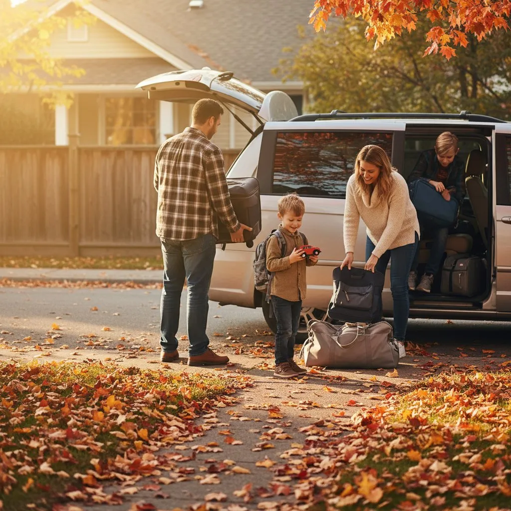 Gezin verkoopt auto in herfst