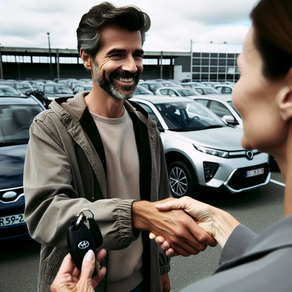 A happy customer shaking hands with a car dealer